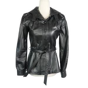 Vintage Black Leather Button-Front Belted Jacket